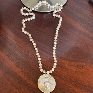 FRESH WATER PEARLS NECKLACE WITH MOTHER OF PEARL PENDANT 14” Drop Length
